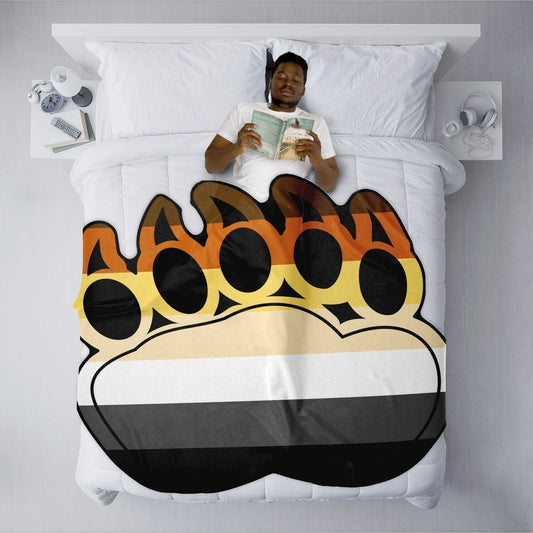 65mcmlxv Bear Pride flag paw print fleece throw blanket with brown, orange, yellow, black, white, and grey stripes.