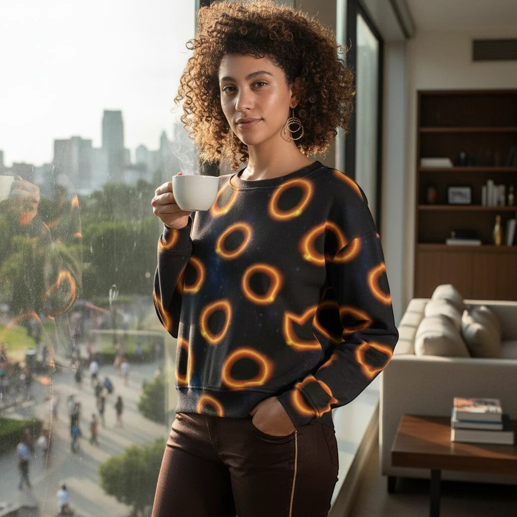 65mcmlxv black performance sweatshirt with solar eclipse polka dot pattern, crew neck, long sleeves, ribbed cuffs and hem.