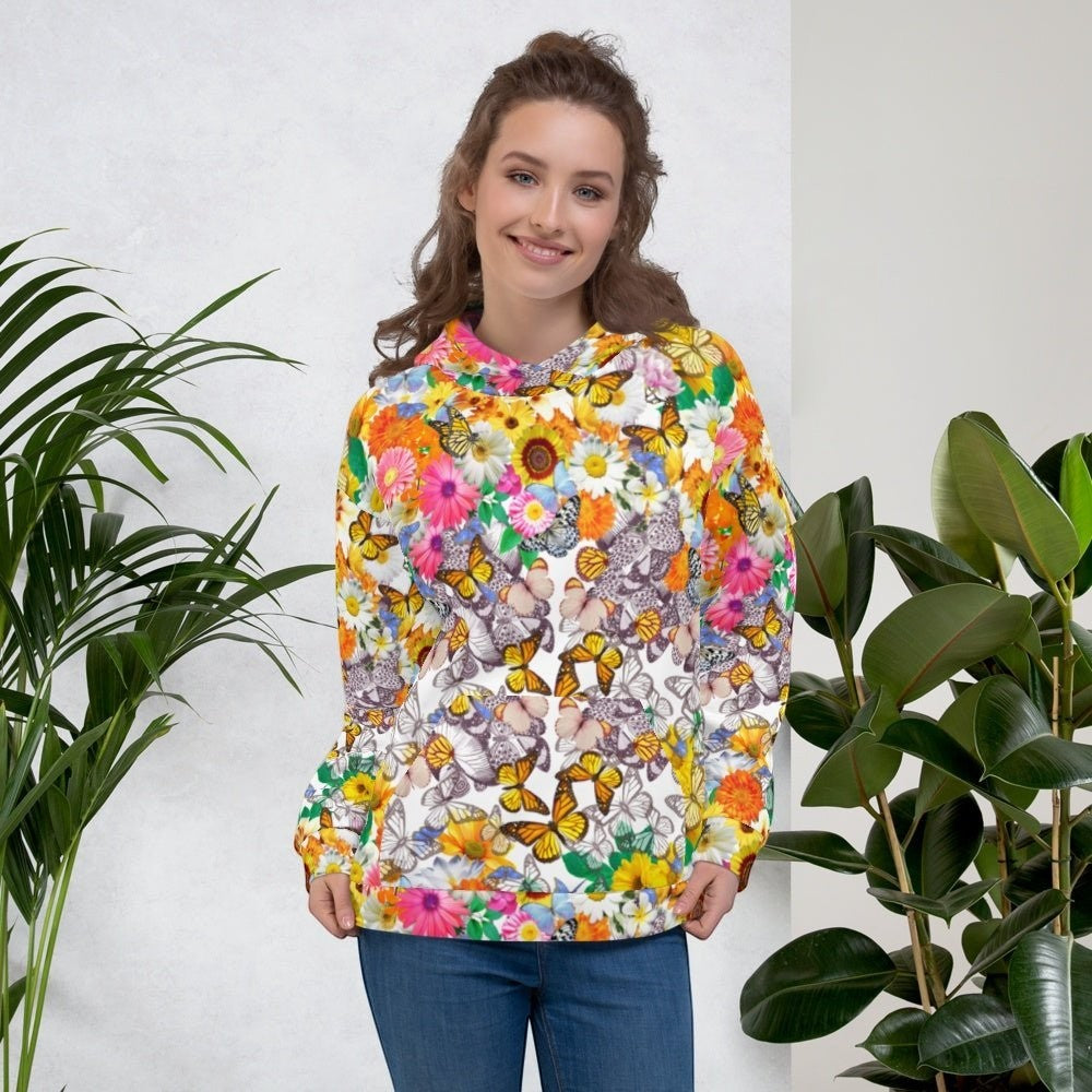 65 MCMLXV women's white fleece hoodie with a vibrant all-over print of butterflies and colorful flowers.