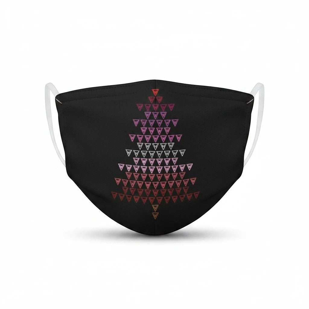 65mcmlxv black face mask with a Christmas tree design made of pink and red triangles, adjustable ear loops.