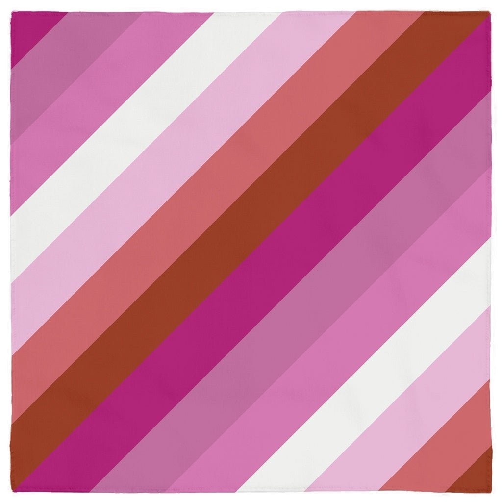 65 MCMLXV LGBT Lesbian Pride Flag pet bandana, polyester with hemmed edges, featuring diagonal stripes in shades of pink, white, and brown.