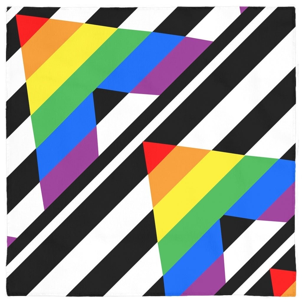 65mcmlxv pet bandana with rainbow stripes and black diagonal lines, polyester, 24x24