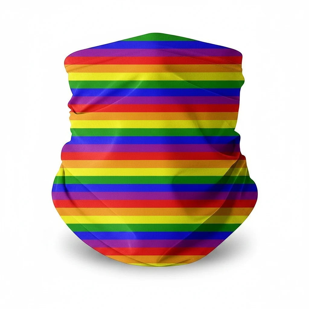 65mcmlxv unisex rainbow flag stripe print neck gaiter with filter pocket. Polyester-lycra blend.