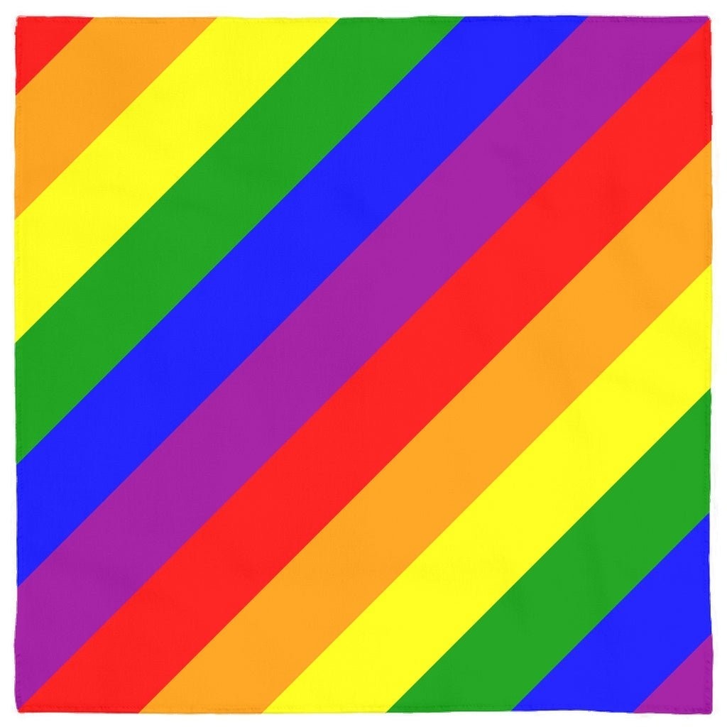 65mcmlxv pet bandana with rainbow stripes, polyester, 24x24 inches, hemmed edges.