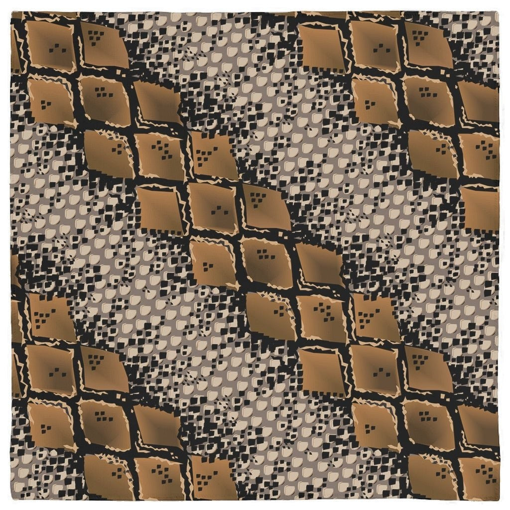 65mcmlxv pet bandana with a snakeskin print in brown, black, and white. Polyester with hemmed edges.