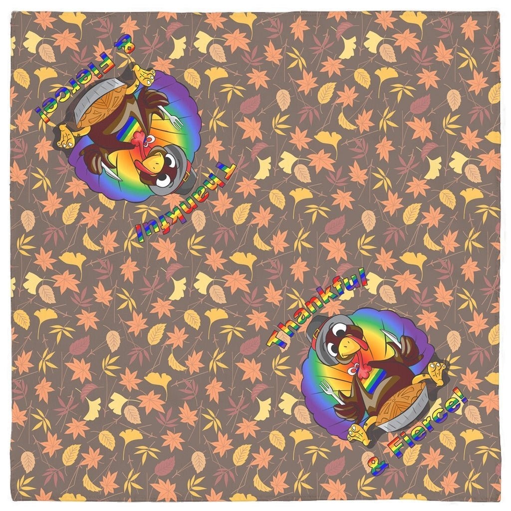 65mcmlxv polyester pet bandana with a Thanksgiving turkey print, rainbow colors, and autumn leaves. Features "Thankful & Fierce" text.
