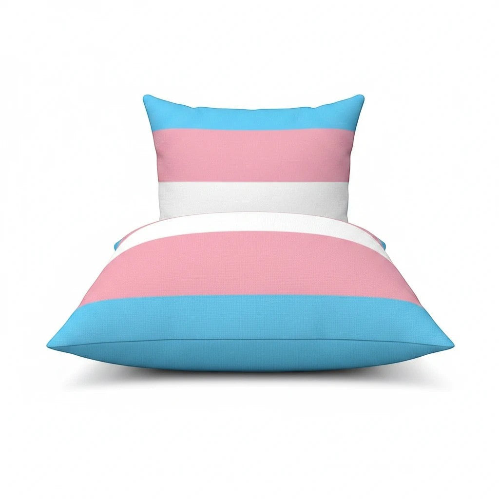65mcmlxv Transgender Pride flag print polyester pillow case with blue, pink, and white stripes.