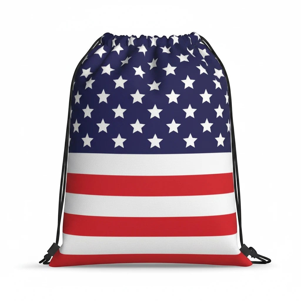 65mcmlxv Americana USA flag print drawstring bag, 100% spun polyester, 15"x17", with drawstring closure and twin cotton handles.