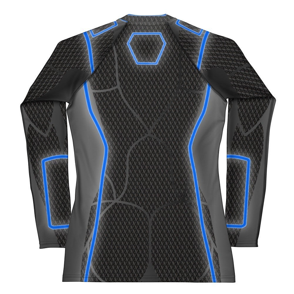 65mcmlxv Women's long-sleeve rash guard in black with grey panels and blue accents. Features a honeycomb pattern.