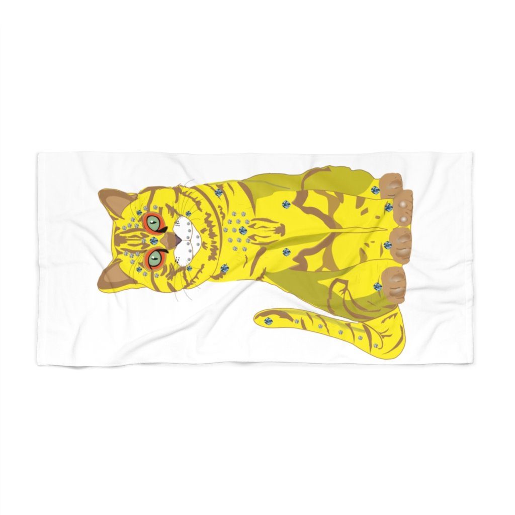 65 MCMLXV Bejeweled Yellow 70s Disco Cat Beach Towel - 65mcmlxv