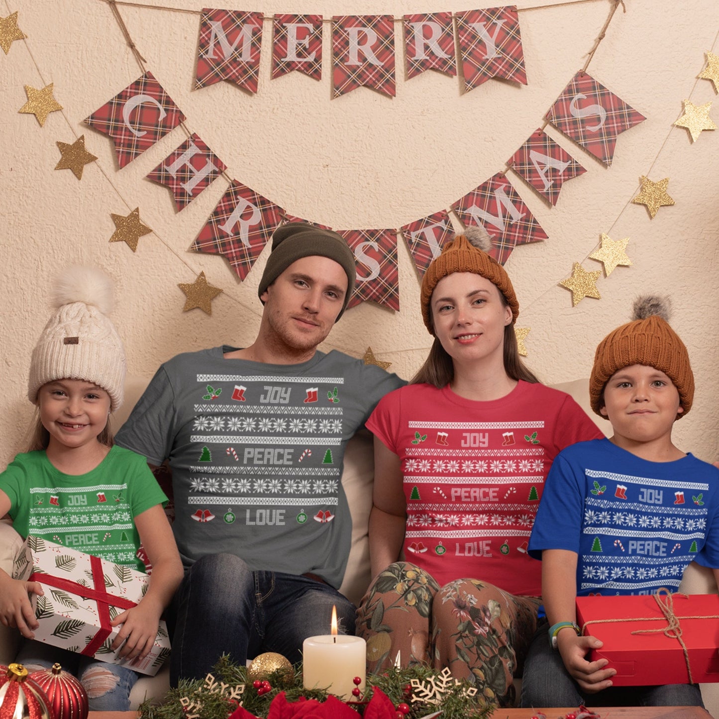 65 MCMLXV Unisex Peace Love Joy Christmas Sweater Design Graphic T-Shirt - 65mcmlxv