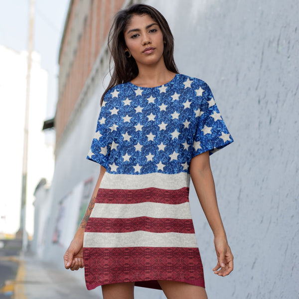 Dress - 65 MCMLXV Women's Americana USA Flag Print T-Shirt Dress