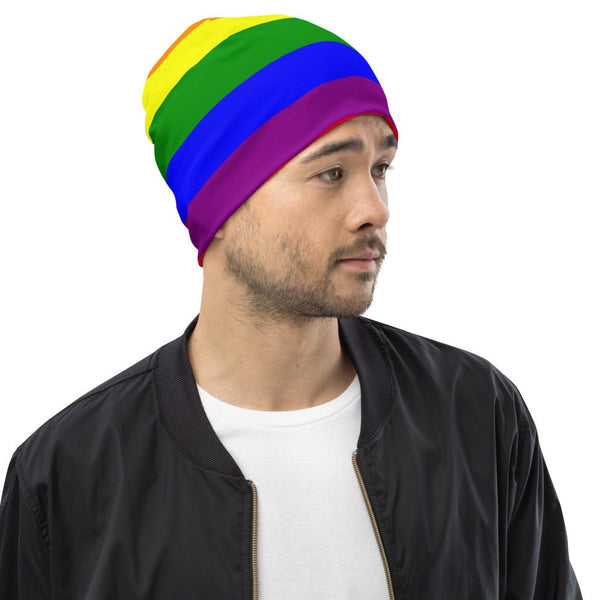 65 MCMLXV LGBT Gay Pride Rainbow Flag Print Beanie Skullcap - 65mcmlxv