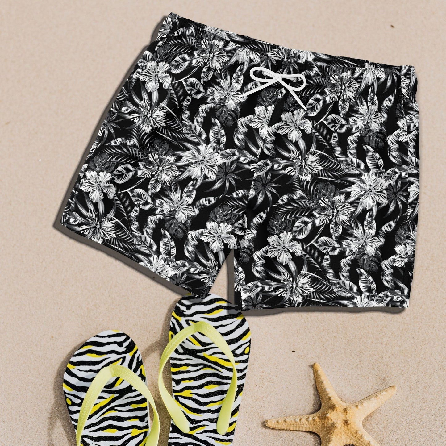 65 MCMLXV Men's Black and White Tropical Print Swim Trunk - 65mcmlxv
