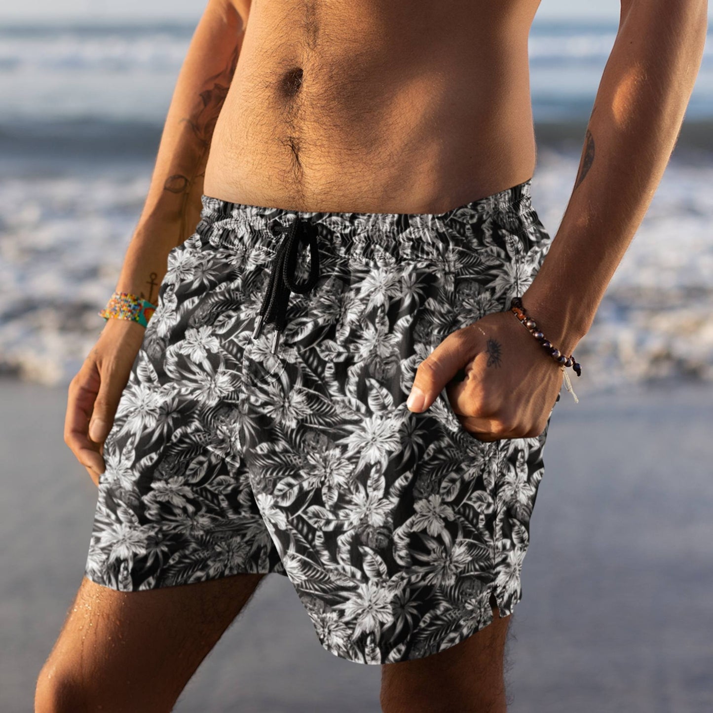 65 MCMLXV Men's Black and White Tropical Print Swim Trunk - 65mcmlxv