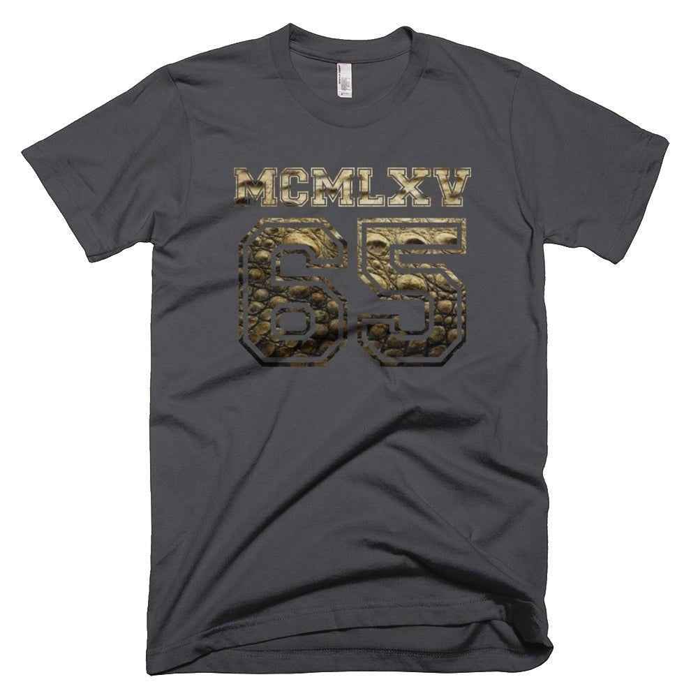 65 MCMLXV Men's Dinosaur Skin Varsity Logo Graphic T-Shirt