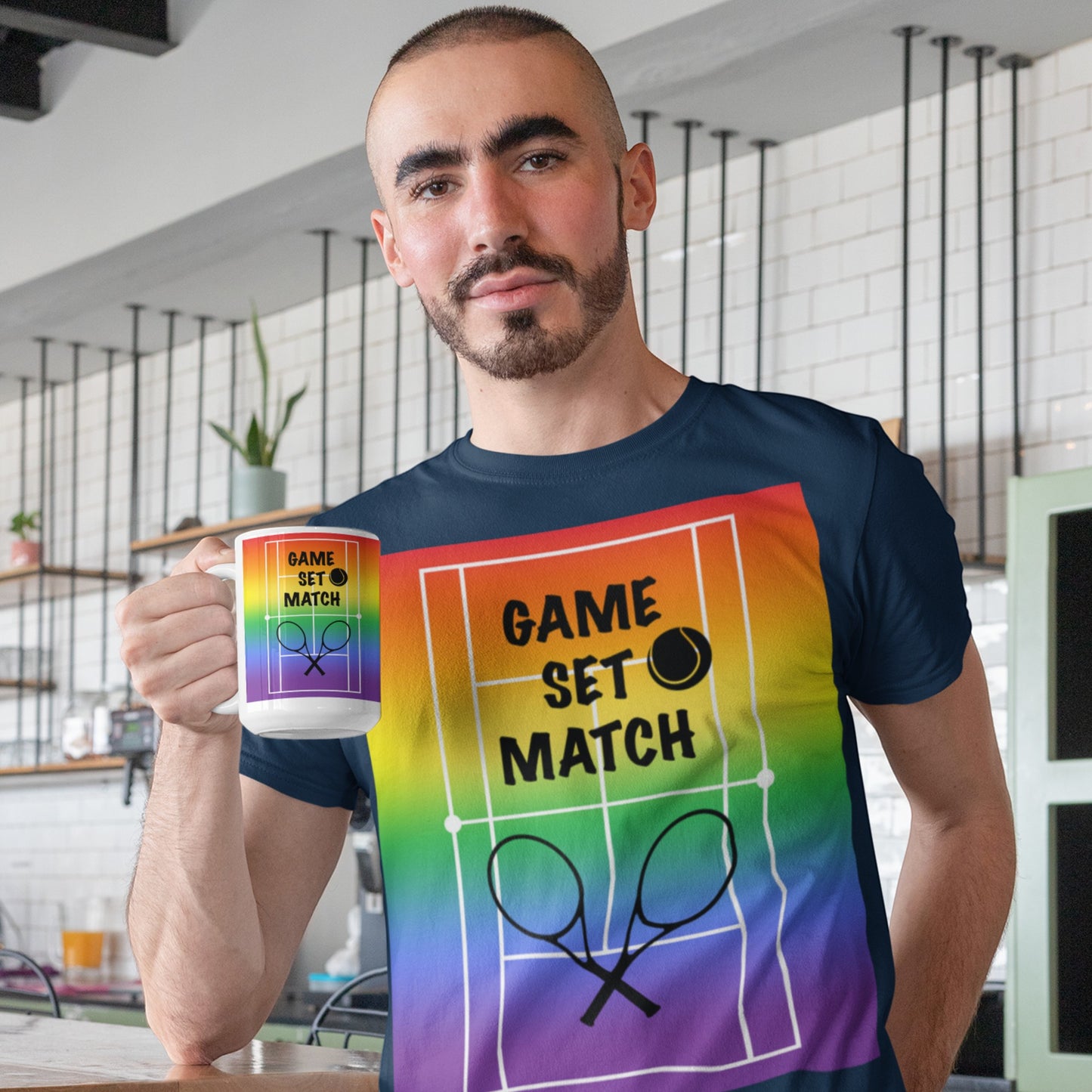 65 MCMLXV Men's Game, Set Match Rainbow Tennis Court Premium Graphic T-Shirt - 65mcmlxv