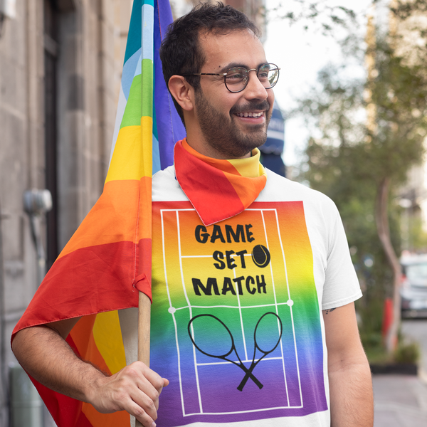 65 MCMLXV Men's Game, Set Match Rainbow Tennis Court Premium Graphic T-Shirt - 65mcmlxv