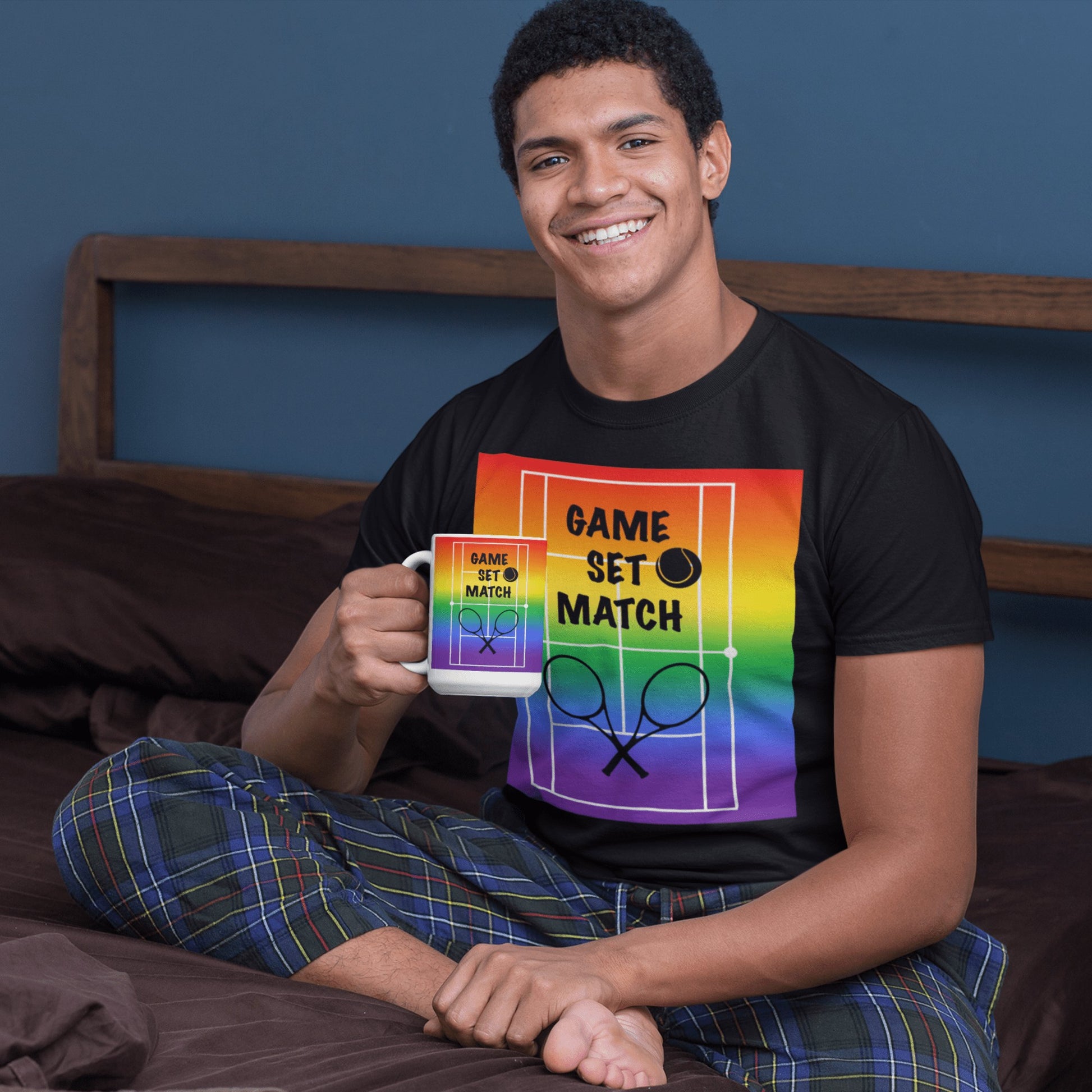 65 MCMLXV Men's Game, Set Match Rainbow Tennis Court Premium Graphic T-Shirt - 65mcmlxv