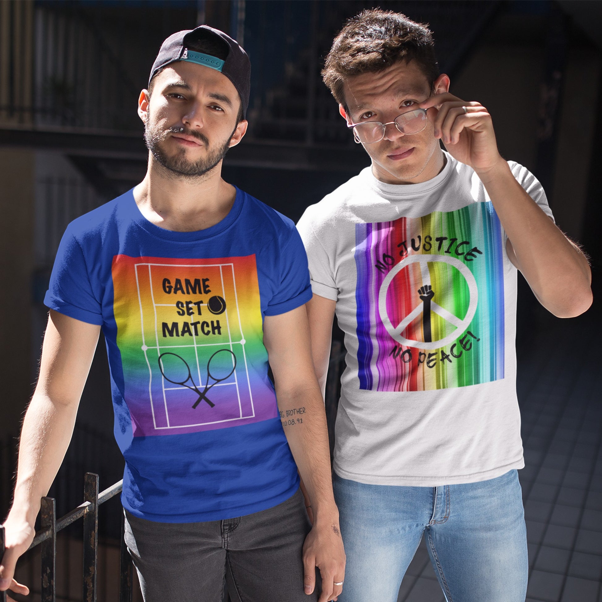 65 MCMLXV Men's Game, Set Match Rainbow Tennis Court Premium Graphic T-Shirt - 65mcmlxv
