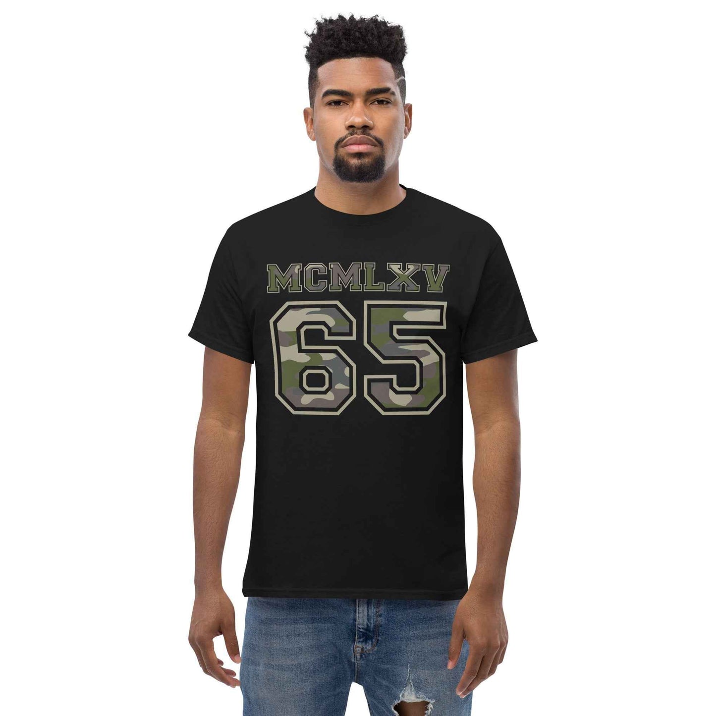 65 MCMLXV Men's Jungle Camouflage Varsity Logo Graphic T-Shirt