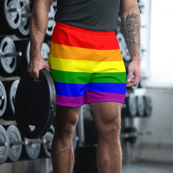65 MCMLXV Mens LGBT Gay Pride Rainbow Flag Athletic Gym Running Shorts - 65mcmlxv
