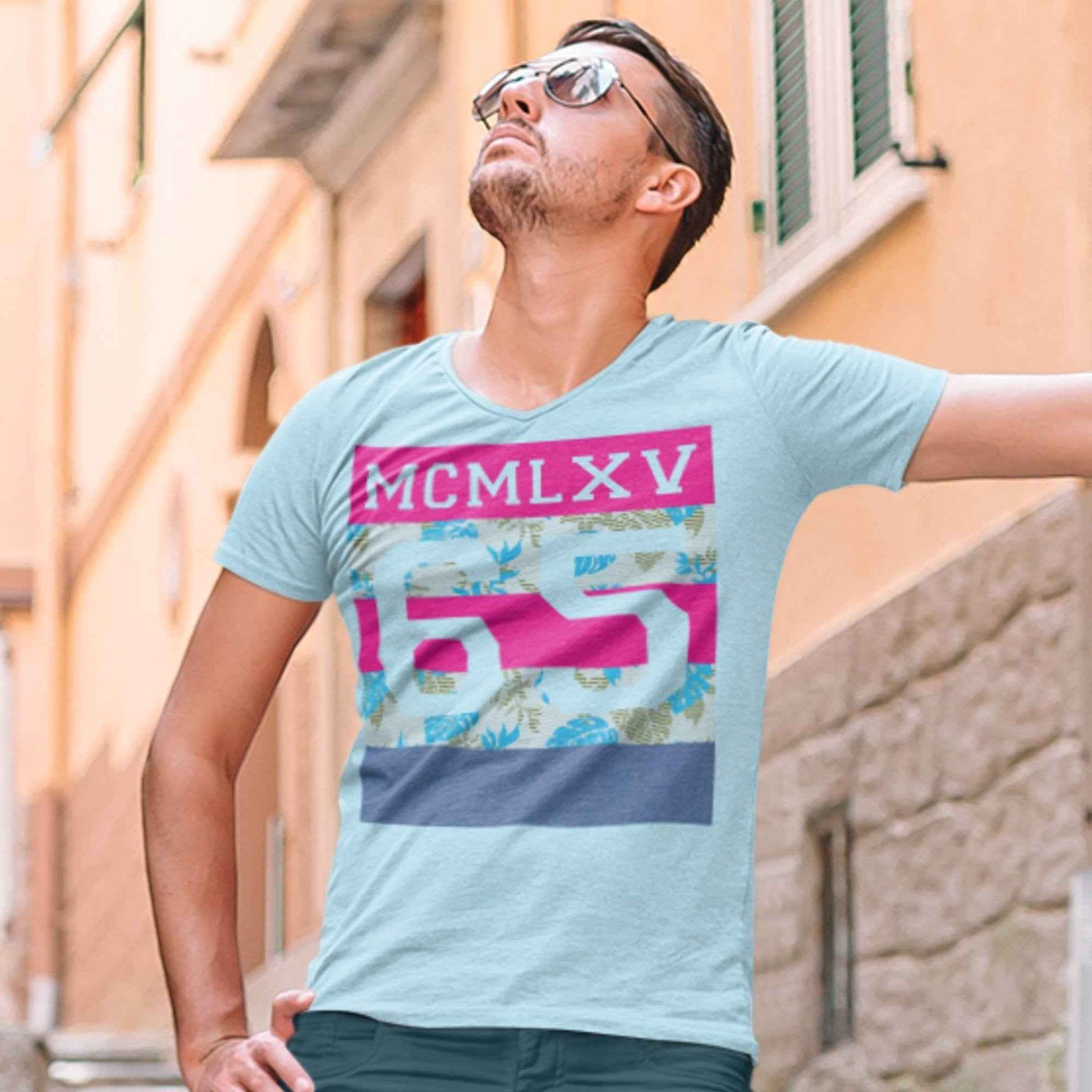 65 MCMLXV Men's Tropical Neon Stripe Varsity Logo Graphic T-Shirt