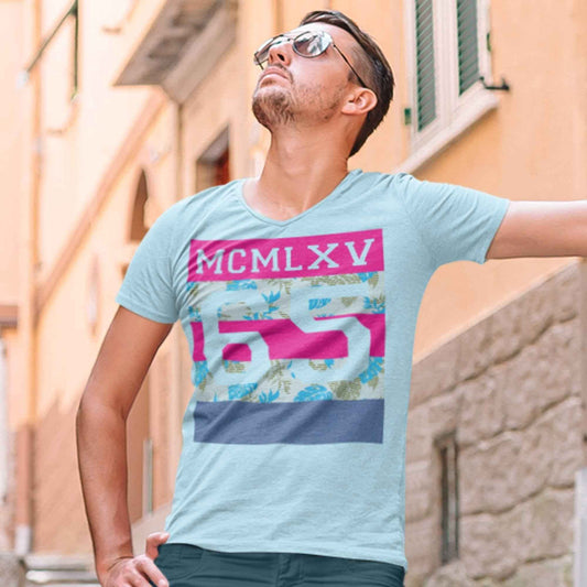 65 MCMLXV Men's Tropical Neon Stripe Varsity Logo Graphic T-Shirt