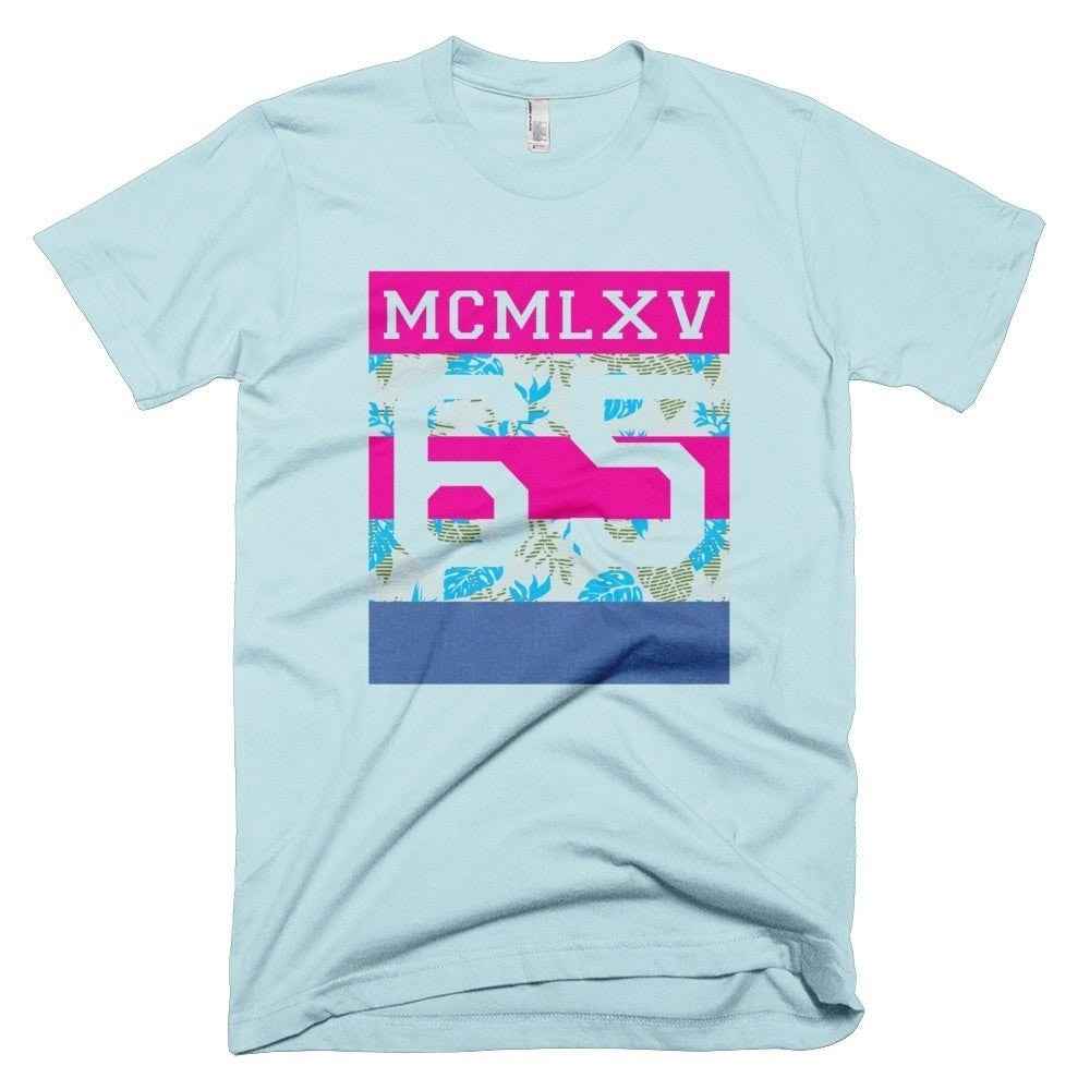 65 MCMLXV Men's Tropical Neon Stripe Varsity Logo Graphic T-Shirt