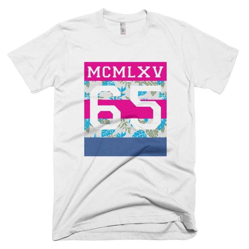 65 MCMLXV Men's Tropical Neon Stripe Varsity Logo Graphic T-Shirt