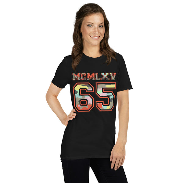 65 MCMLXV Women's Camouflage Varsity Logo Graphic T-Shirt - 65mcmlxv