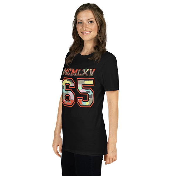 65 MCMLXV Women's Camouflage Varsity Logo Graphic T-Shirt - 65mcmlxv