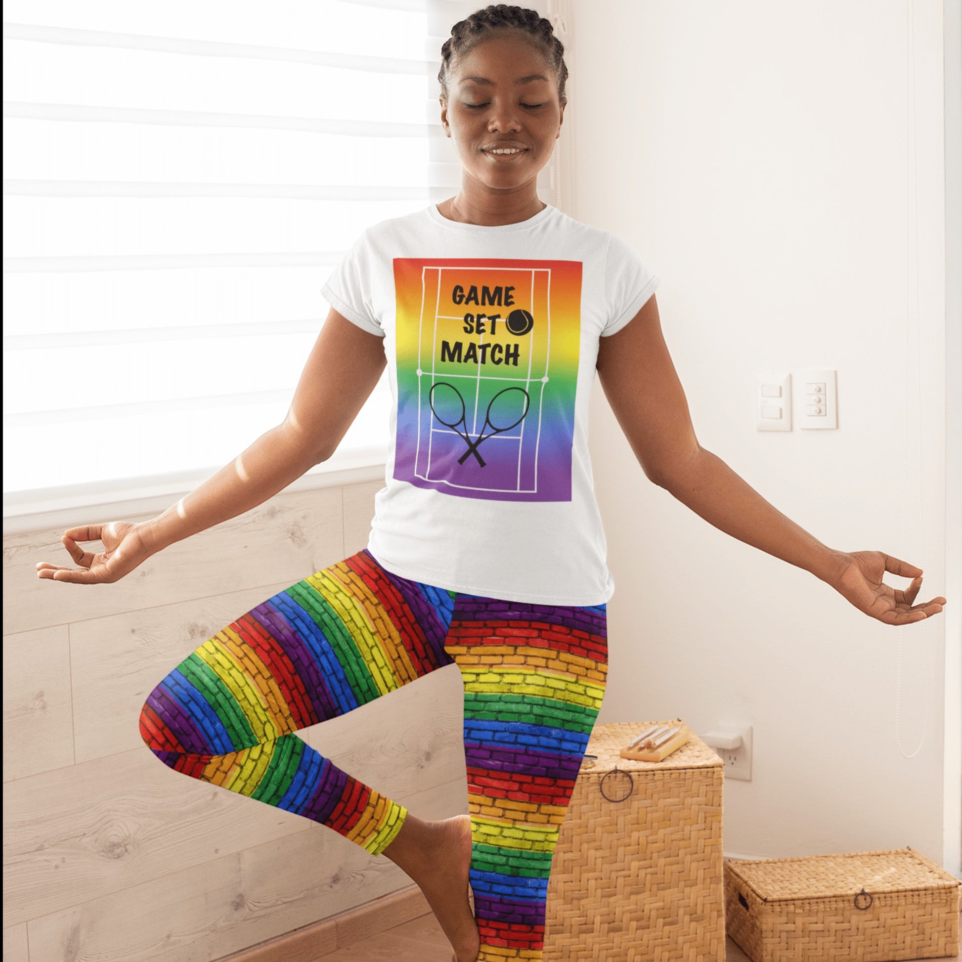 65 MCMLXV Women’s Game, Set Match Rainbow Tennis Court Premium Graphic T-Shirt - 65mcmlxv