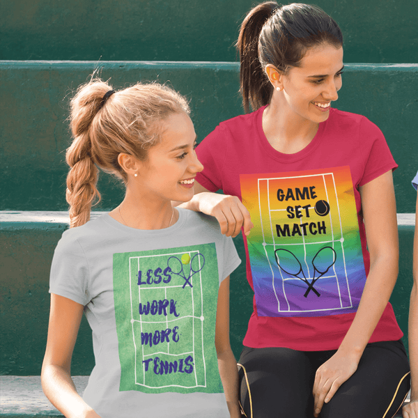 65 MCMLXV Women’s Game, Set Match Rainbow Tennis Court Premium Graphic T-Shirt - 65mcmlxv