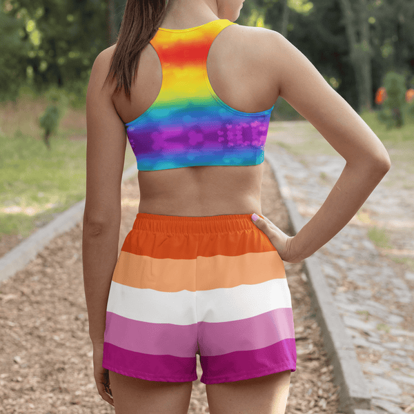 65 MCMLXV Womens LGBT Lesbian Pride Sunset Flag Print Athletic Gym Running Shorts - 65mcmlxv