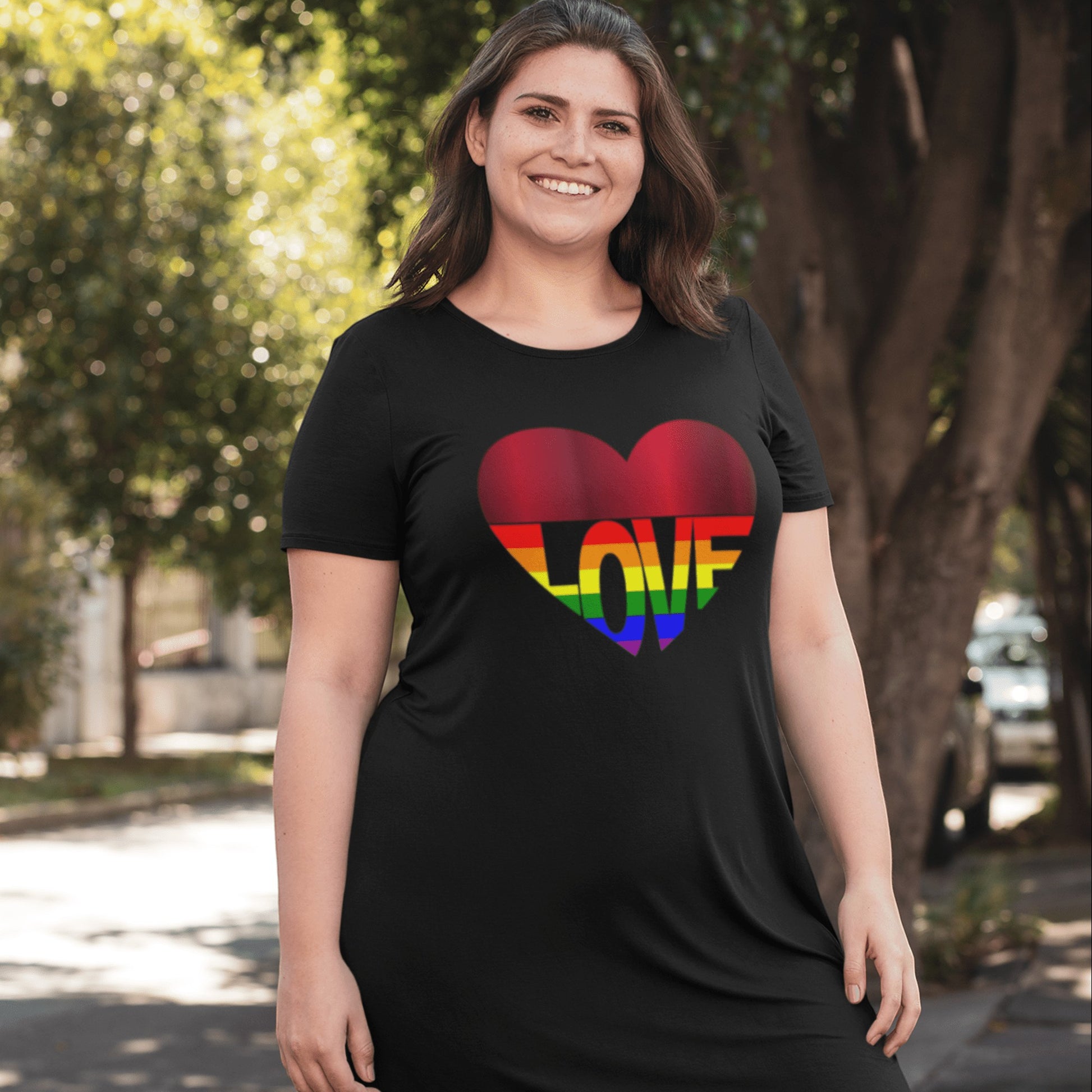 65 MCMLXV Women's LGBT Pride Rainbow Flag Love Heart Graphic Organic T-Shirt Dress - 65mcmlxv