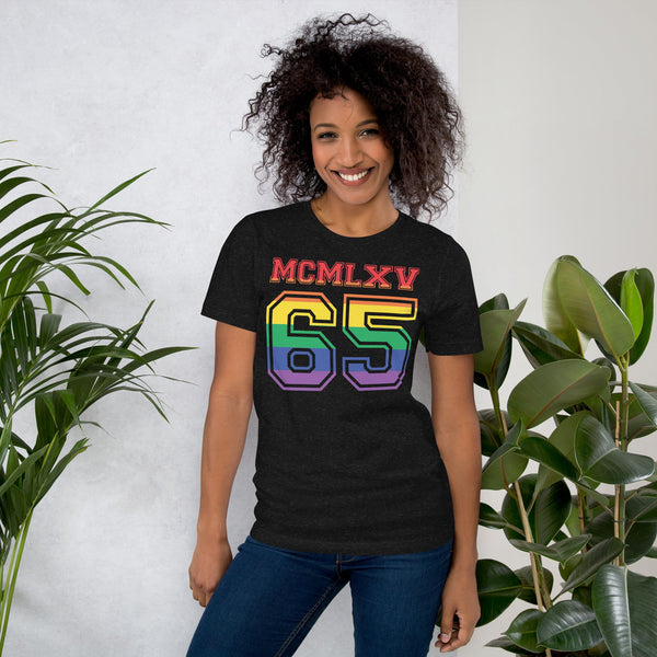 65 MCMLXV Women's LGBT Pride Varsity Logo Graphic T-Shirt - 65mcmlxv
