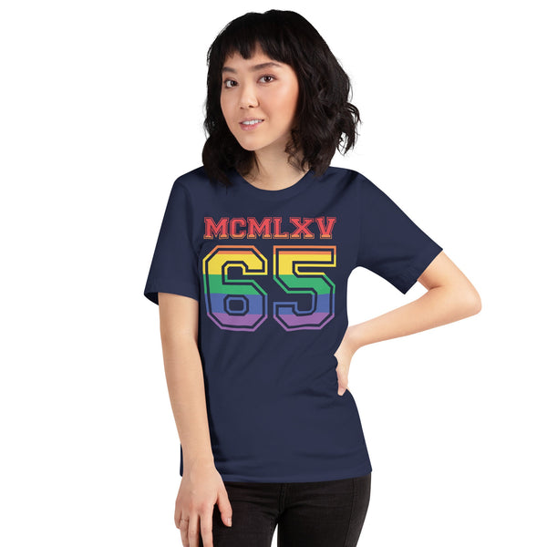 65 MCMLXV Women's LGBT Pride Varsity Logo Graphic T-Shirt - 65mcmlxv
