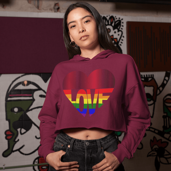 65 MCMLXV Women's LGBT Rainbow Love Heart Graphic Cropped Hoodie - 65mcmlxv