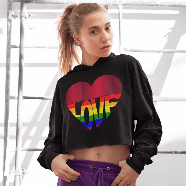 65 MCMLXV Women's LGBT Rainbow Love Heart Graphic Cropped Hoodie - 65mcmlxv