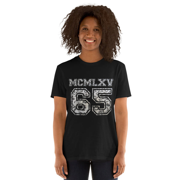 65 MCMLXV Women's Snow Leopard Varsity Logo Graphic T-Shirt - 65mcmlxv