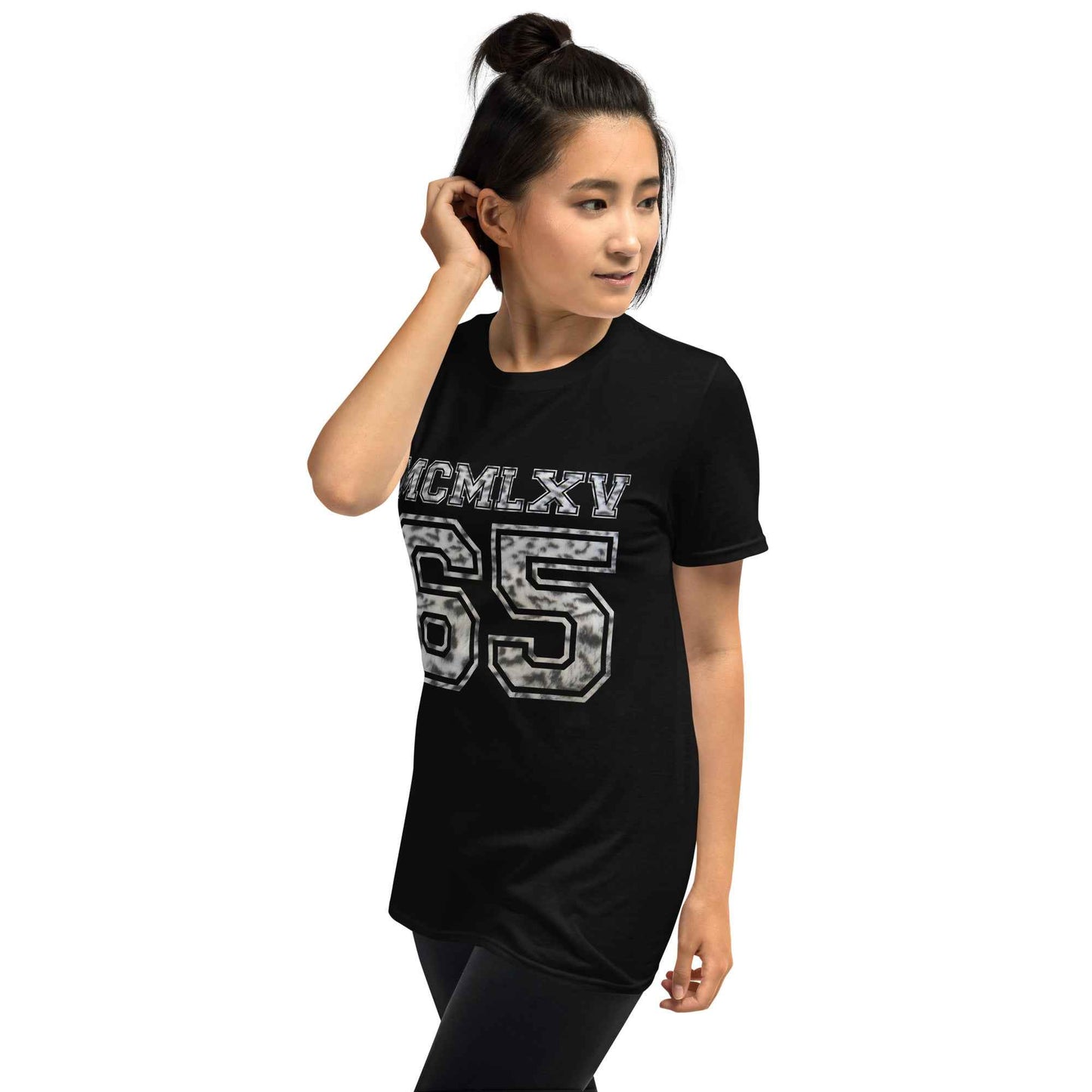65 MCMLXV Women's Snow Leopard Varsity Logo Graphic T-Shirt