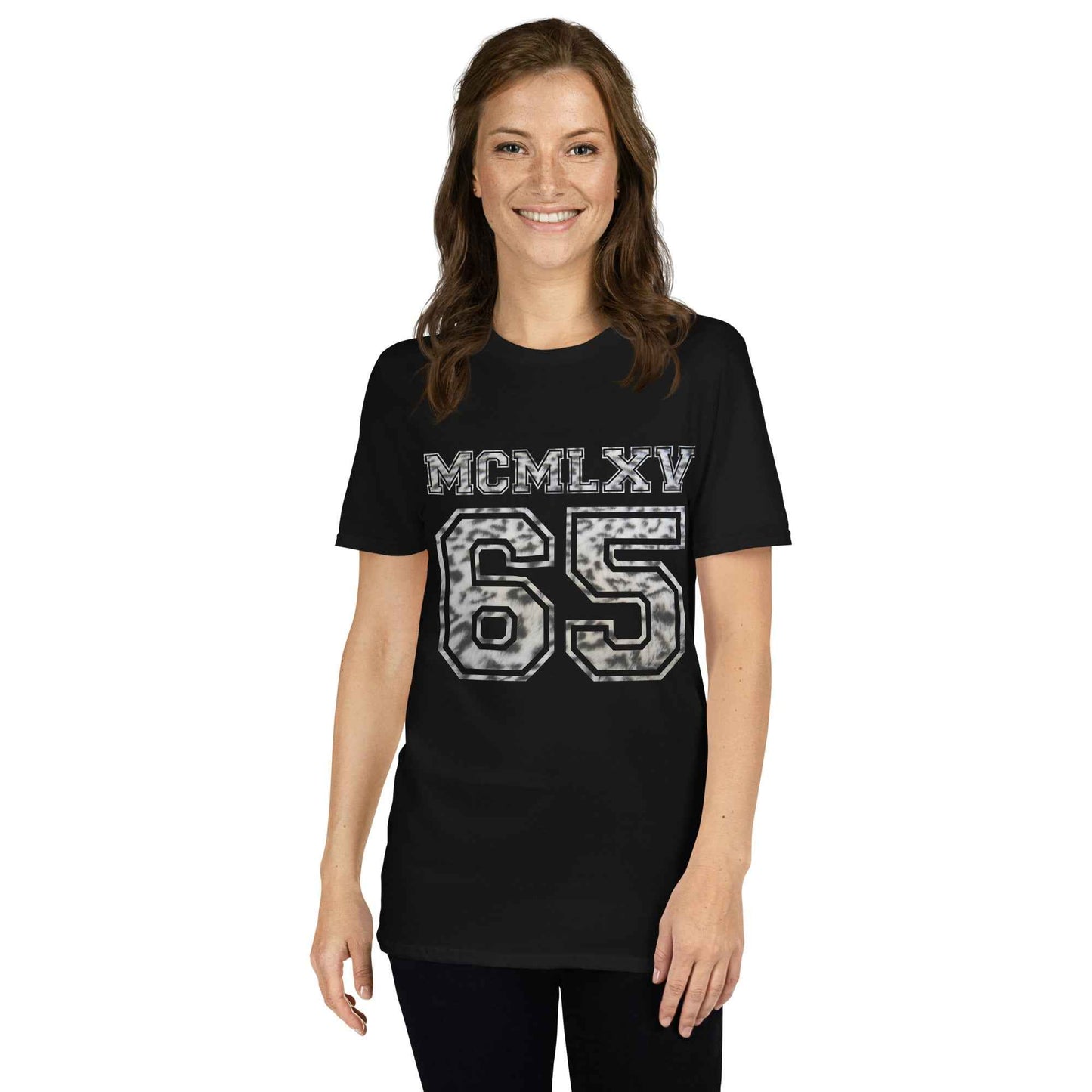 65 MCMLXV Women's Snow Leopard Varsity Logo Graphic T-Shirt