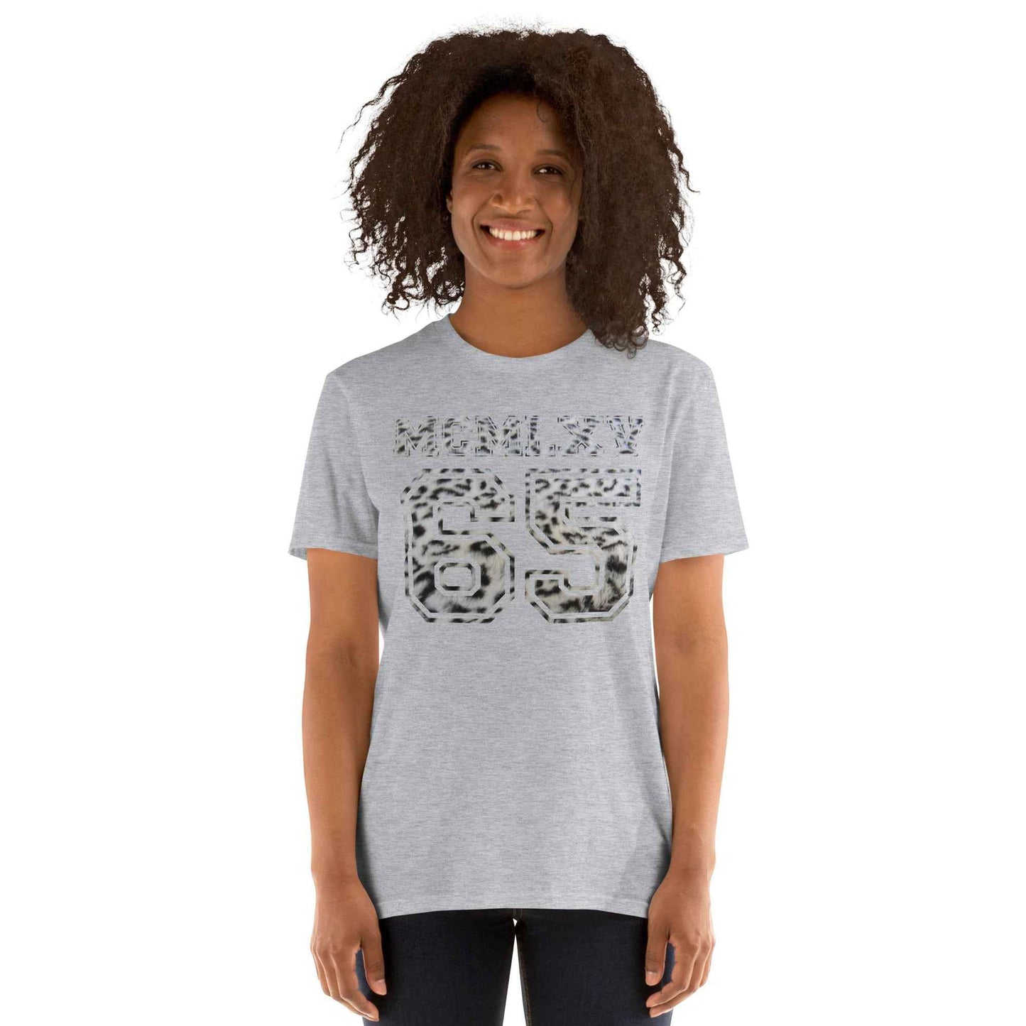 65 MCMLXV Women's Snow Leopard Varsity Logo Graphic T-Shirt