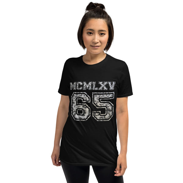 65 MCMLXV Women's Snow Leopard Varsity Logo Graphic T-Shirt - 65mcmlxv