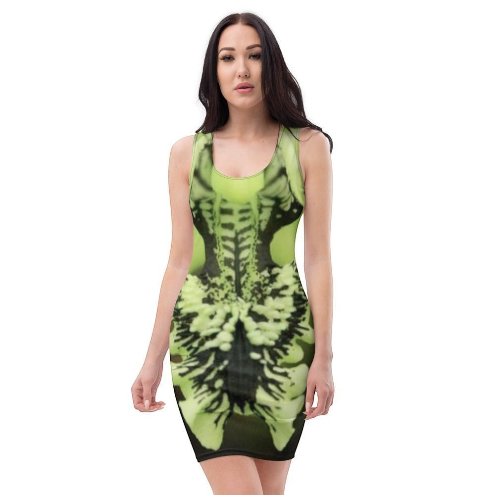65mcmlxv Abstract Botanical Orchid Print Sleeveless Bodycon Dress in lime green and black. Stretchy fabric, scoop neck.