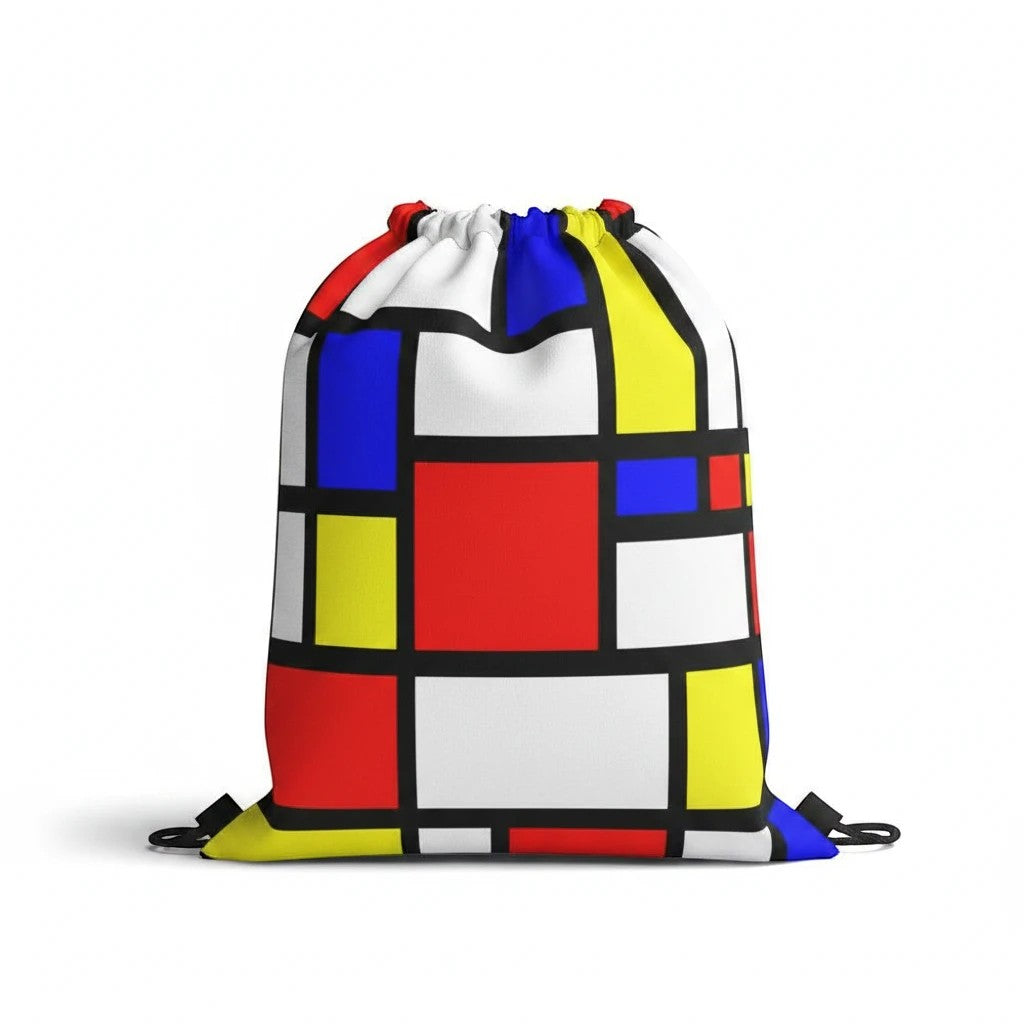 65mcmlxv abstract geometric pattern drawstring backpack in red, blue, yellow, white, and black.