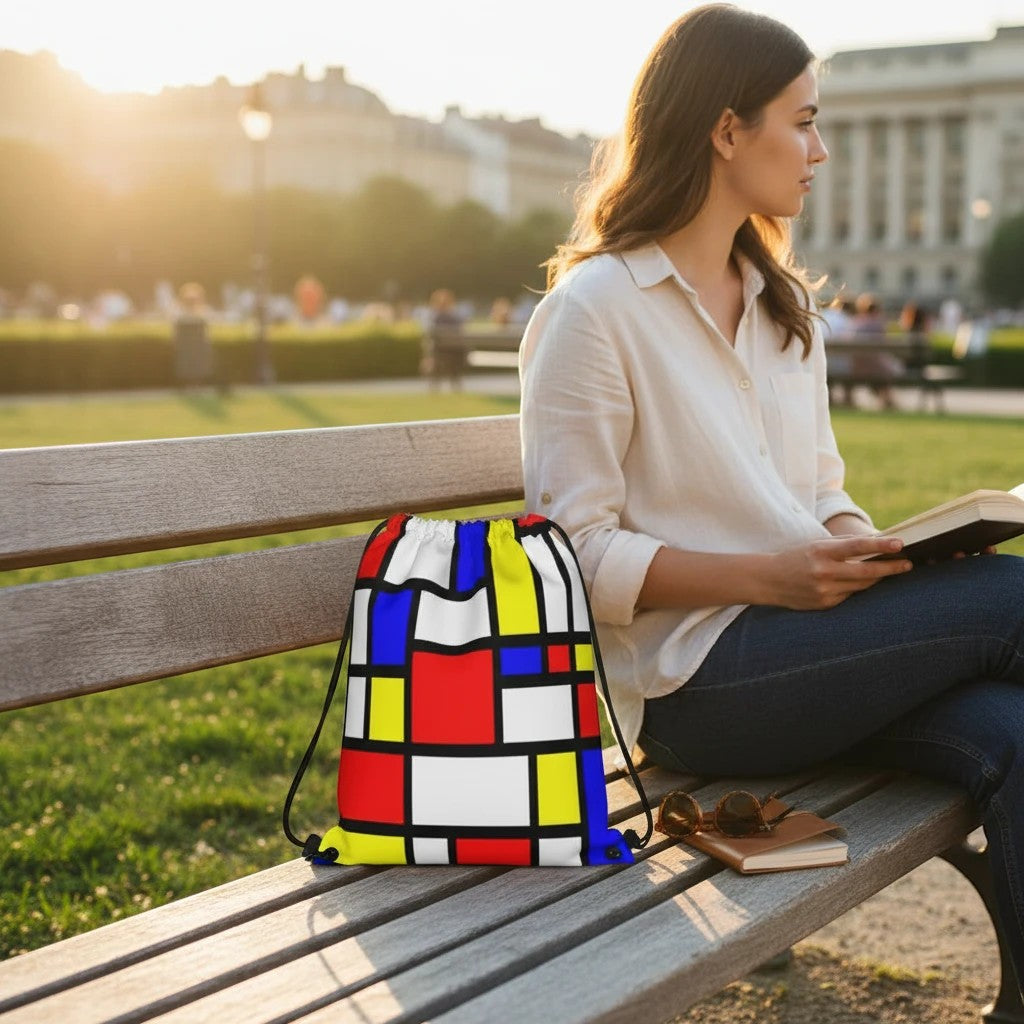 65mcmlxv Mondrian-style abstract geometric pattern drawstring backpack in red, blue, yellow, white, and black.