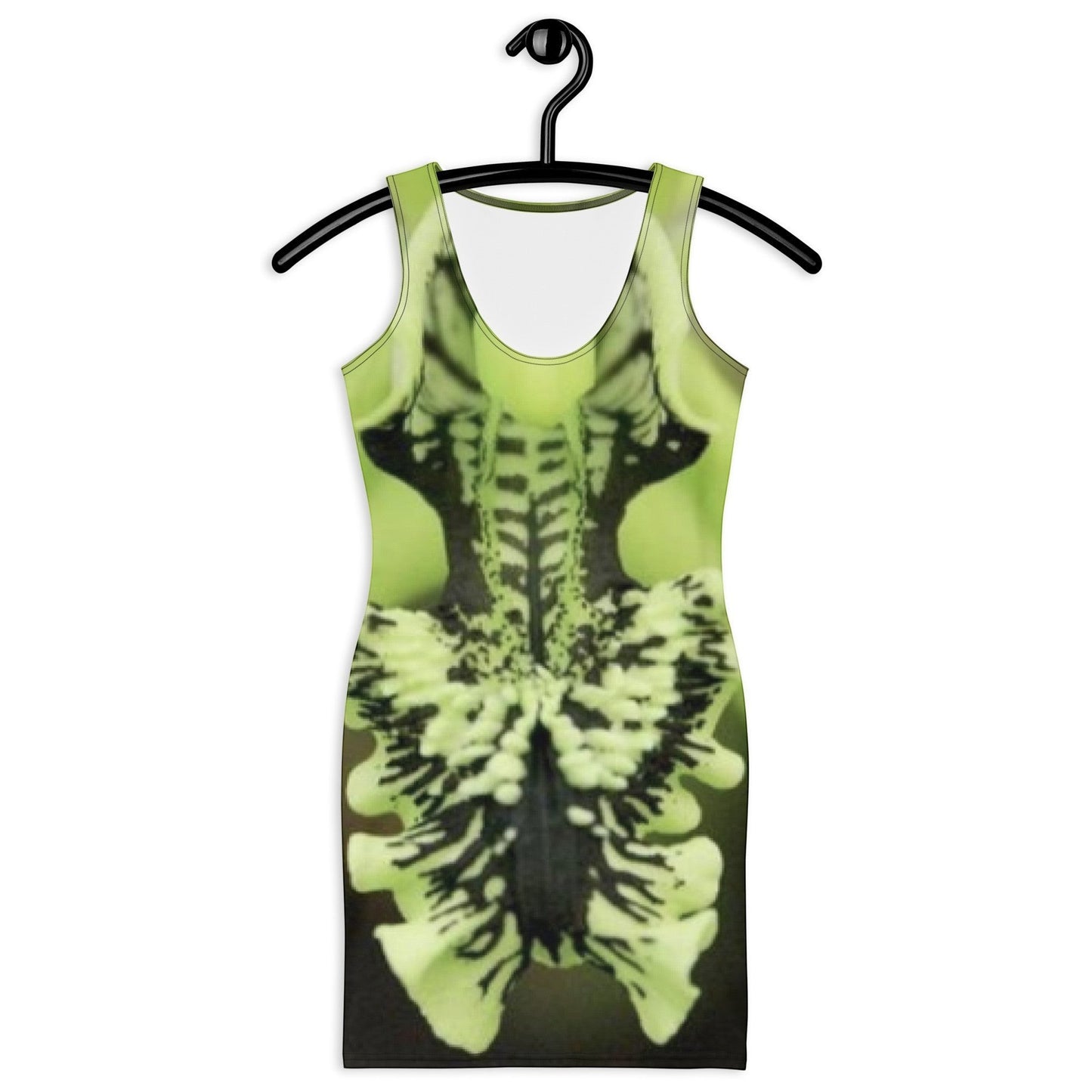 65mcmlxv sleeveless bodycon dress with abstract botanical orchid print in lime green and black.