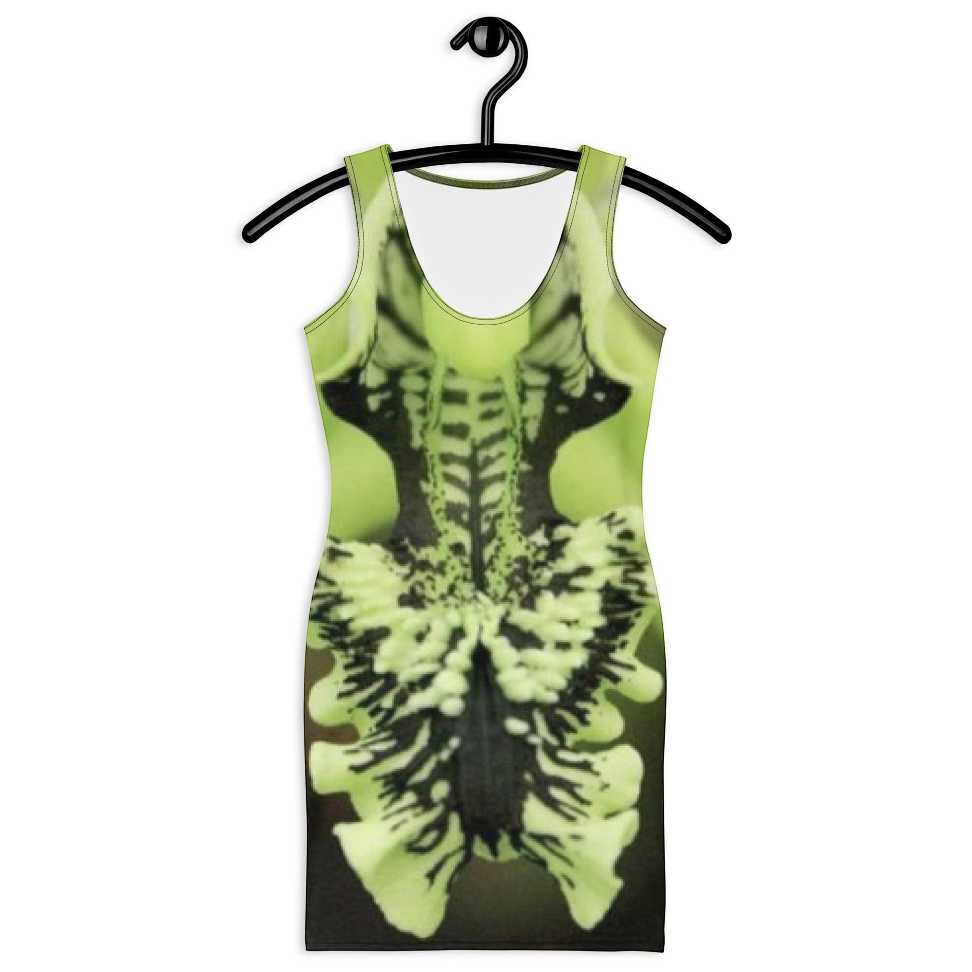 65mcmlxv sleeveless bodycon dress with abstract botanical orchid print in lime green and black.